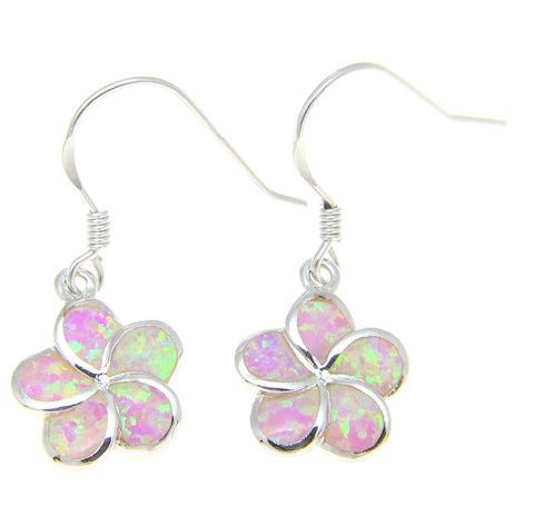 925 Silver Rhodium Hawaiian Plumeria Flower Pink Opal Wire Hook Earrings 8-15mm