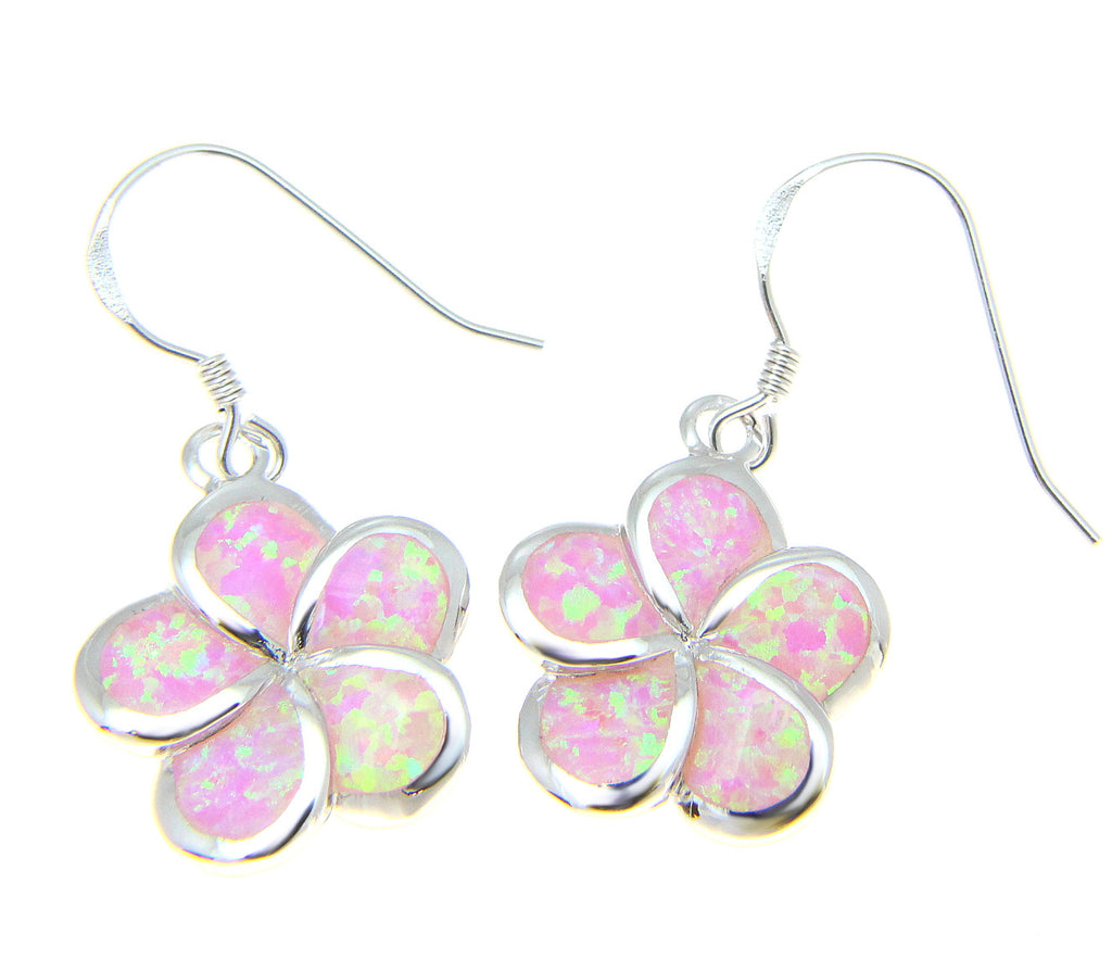 925 Silver Rhodium Hawaiian Plumeria Flower Pink Opal Wire Hook Earrings 8-15mm