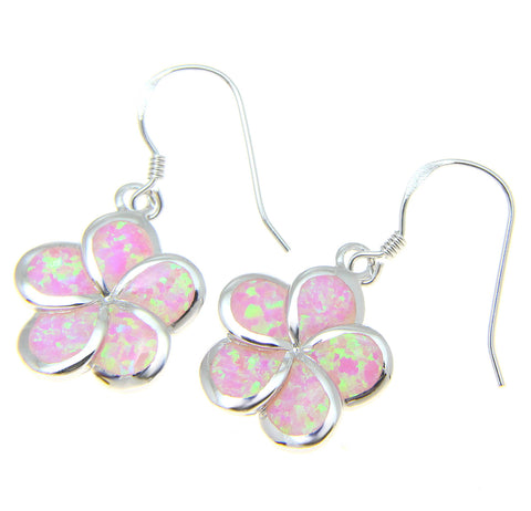 925 Silver Rhodium Hawaiian Plumeria Flower Pink Opal Wire Hook Earrings 8-15mm