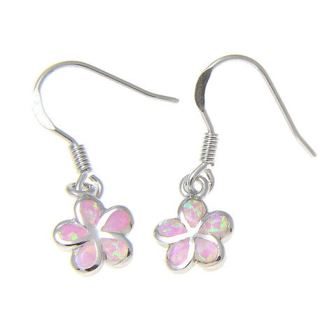 925 Silver Rhodium Hawaiian Plumeria Flower Pink Opal Wire Hook Earrings 8-15mm