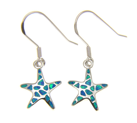 925 Silver Rhodium Hawaiian Starfish Sea Star Blue Opal Hook Wire Earrings