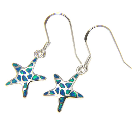 925 Silver Rhodium Hawaiian Starfish Sea Star Blue Opal Hook Wire Earrings