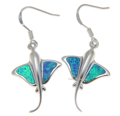 925 Sterling Silver Rhodium Hawaiian 17mm Stingray Blue Opal Hook Wire Earrings