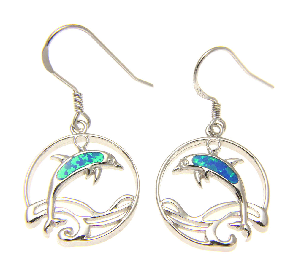 925 Sterling Silver Rhodium Hawaiian Circle Wave Dolphin Opal Hook Wire Earrings