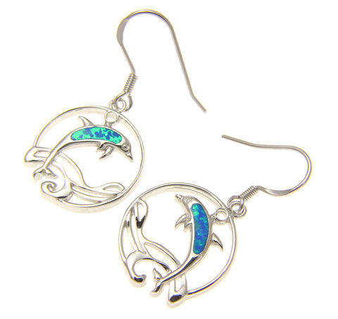 925 Sterling Silver Rhodium Hawaiian Circle Wave Dolphin Opal Hook Wire Earrings