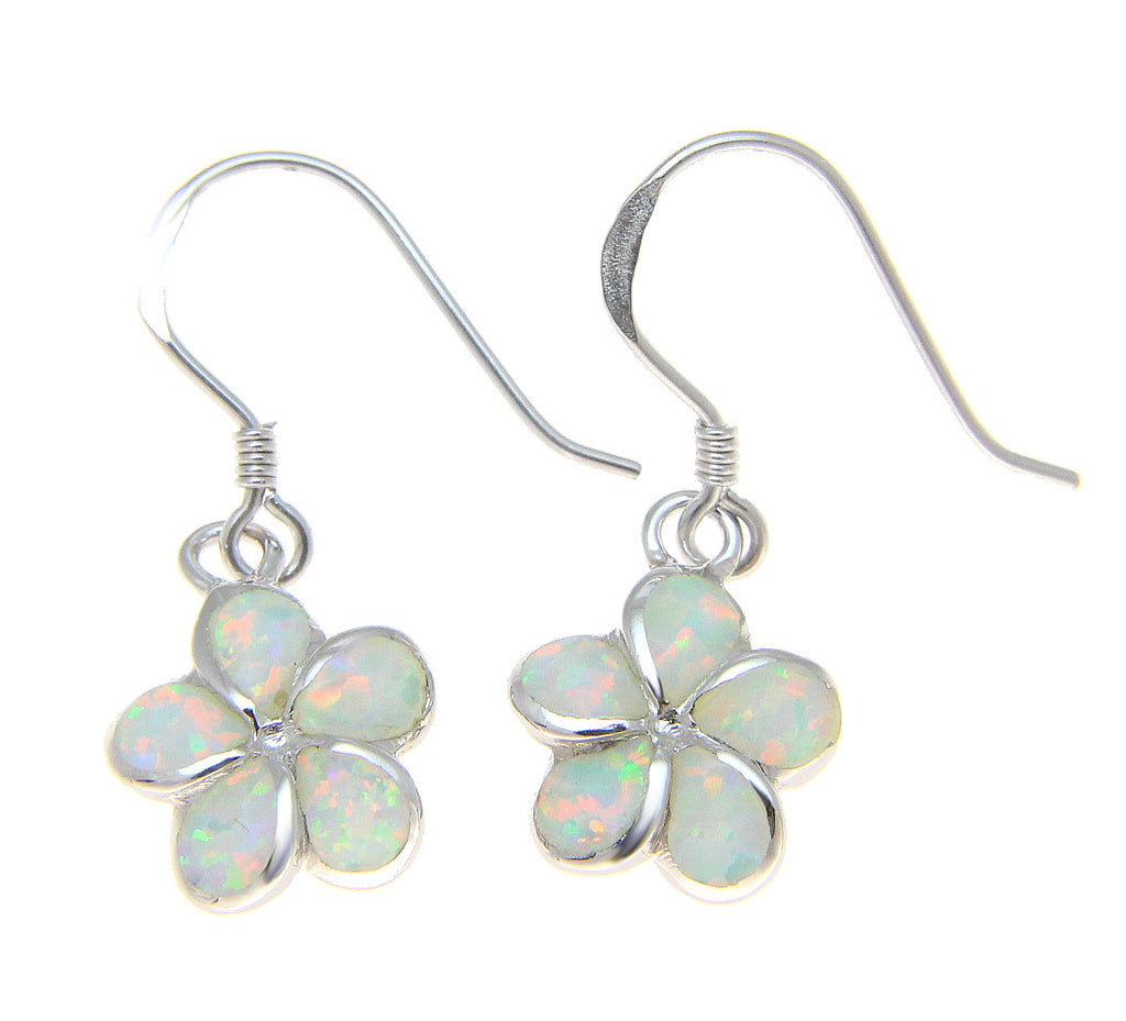 925 Silver Rhodium Hawaiian Plumeria Flower White Opal Wire Hook Earrings 8-15mm