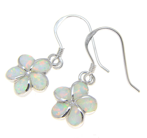 925 Silver Rhodium Hawaiian Plumeria Flower White Opal Wire Hook Earrings 8-15mm