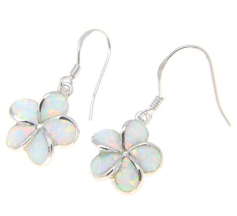 925 Silver Rhodium Hawaiian Plumeria Flower White Opal Wire Hook Earrings 8-15mm