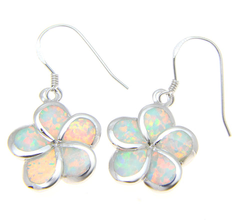 925 Silver Rhodium Hawaiian Plumeria Flower White Opal Wire Hook Earrings 8-15mm