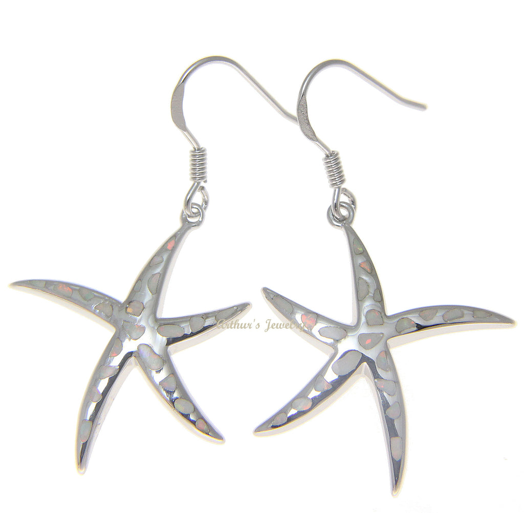 925 Silver Rhodium Hawaiian Starfish Sea Star White Opal Hook Wire Earrings