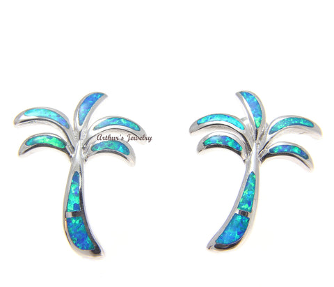 925 Sterling Silver Rhodium Hawaiian Palm Tree Blue Opal Post Stud Earrings