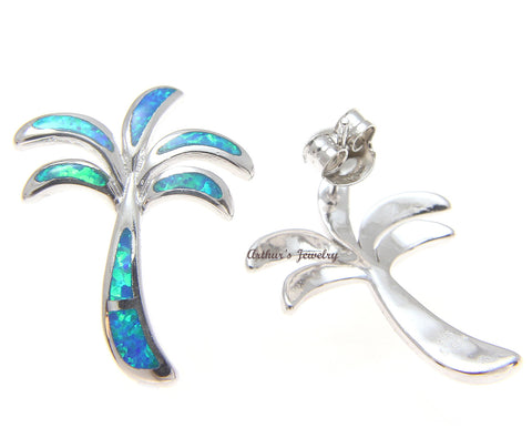 925 Sterling Silver Rhodium Hawaiian Palm Tree Blue Opal Post Stud Earrings