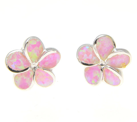 925 Silver Rhodium Hawaiian Plumeria Flower Pink Opal Post Stud Earrings 8-15mm