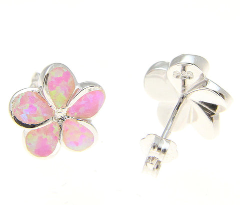 925 Silver Rhodium Hawaiian Plumeria Flower Pink Opal Post Stud Earrings 8-15mm