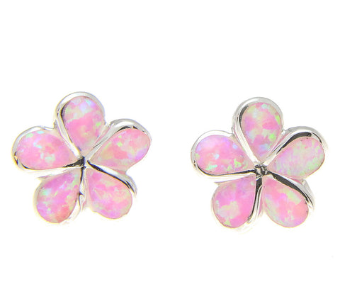 925 Silver Rhodium Hawaiian Plumeria Flower Pink Opal Post Stud Earrings 8-15mm