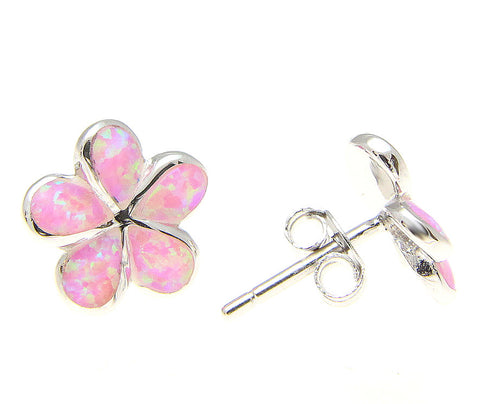 925 Silver Rhodium Hawaiian Plumeria Flower Pink Opal Post Stud Earrings 8-15mm