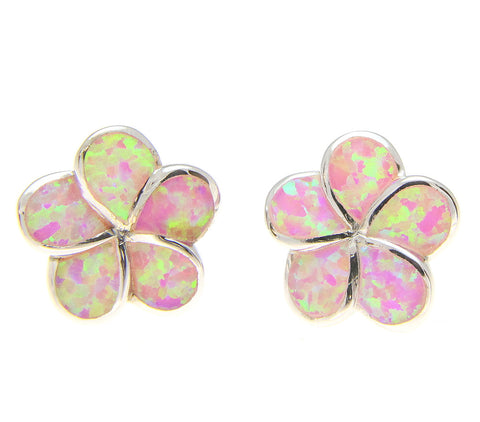 925 Silver Rhodium Hawaiian Plumeria Flower Pink Opal Post Stud Earrings 8-15mm