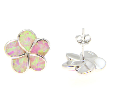 925 Silver Rhodium Hawaiian Plumeria Flower Pink Opal Post Stud Earrings 8-15mm