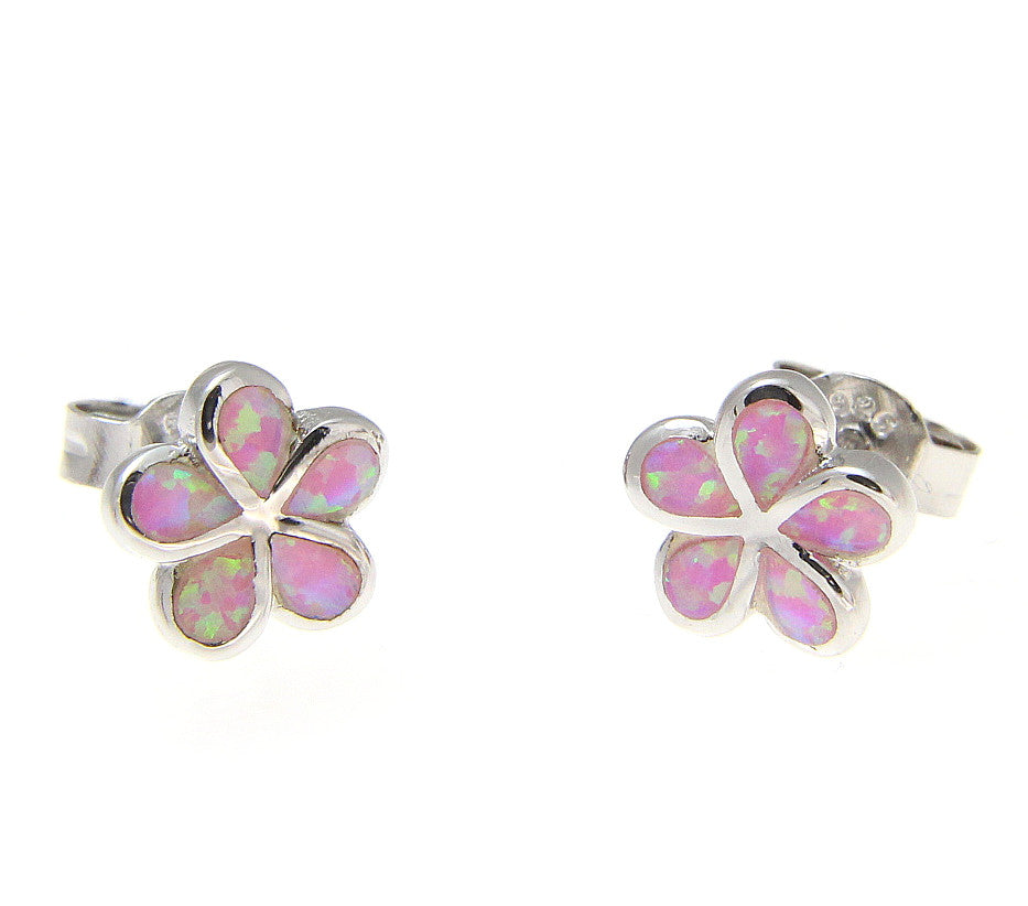 925 Silver Rhodium Hawaiian Plumeria Flower Pink Opal Post Stud Earrings 8-15mm