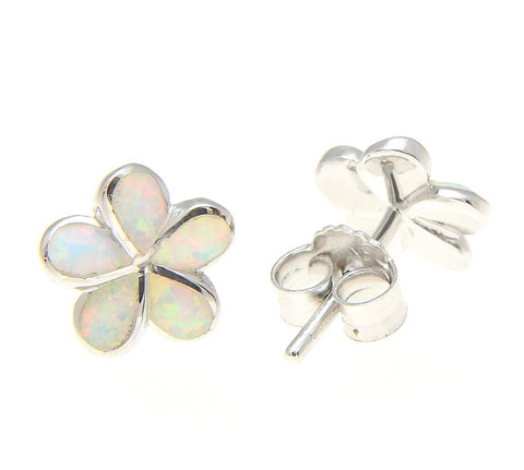 925 Silver Rhodium Hawaiian Plumeria Flower White Opal Post Stud Earrings 8-15mm