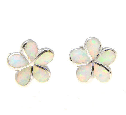 925 Silver Rhodium Hawaiian Plumeria Flower White Opal Post Stud Earrings 8-15mm