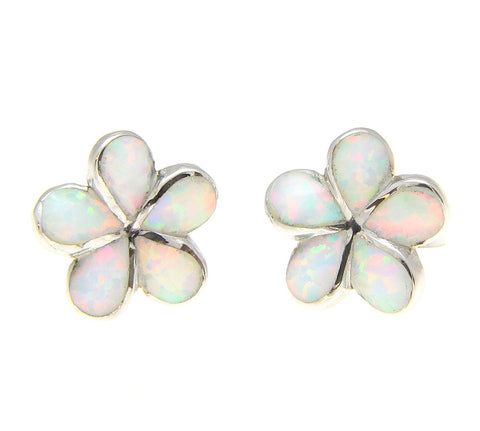 925 Silver Rhodium Hawaiian Plumeria Flower White Opal Post Stud Earrings 8-15mm