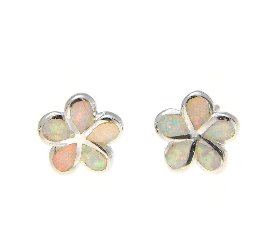 925 Silver Rhodium Hawaiian Plumeria Flower White Opal Post Stud Earrings 8-15mm
