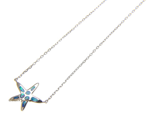 925 Silver Hawaiian Starfish Sea Star Blue Opal Necklace Chain Included 18"+2"
