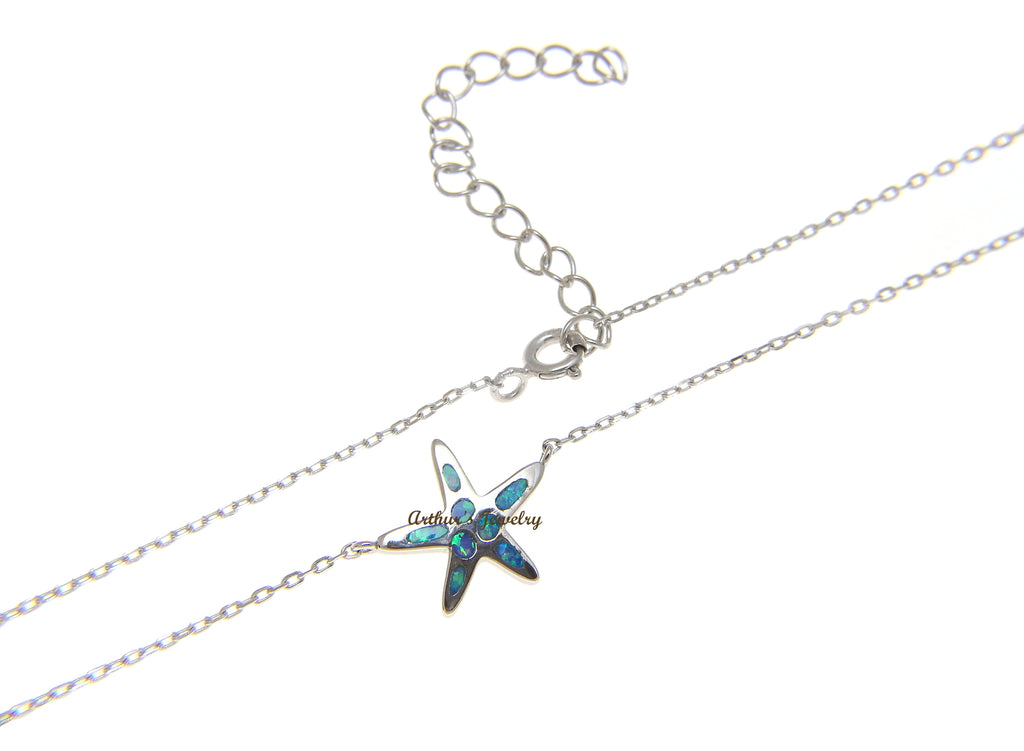 925 Silver Hawaiian Starfish Sea Star Blue Opal Necklace Chain Included 18"+2"