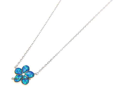 925 Silver Hawaiian Plumeria Flower Blue Opal Necklace Chain Included 18"+2"