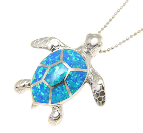 925 Sterling Silver Hawaiian Honu Sea Turtle Blue Opal Slider Pendant