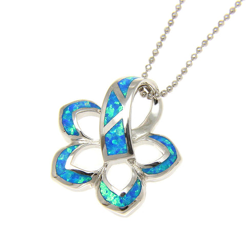 925 Sterling Silver Rhodium Hawaiian Plumeria Flower Blue Opal Slider Pendant