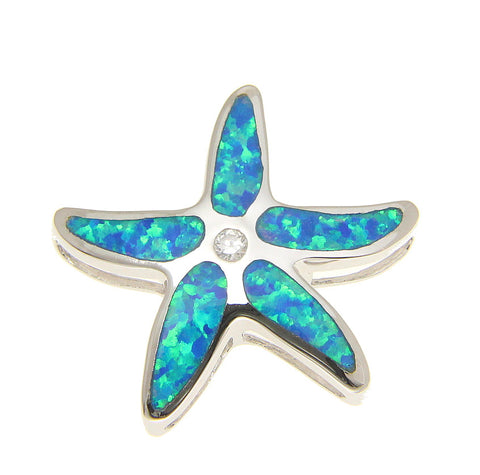 925 Sterling Silver Rhodium Hawaiian Sea Star Starfish CZ Opal Slider Pendant
