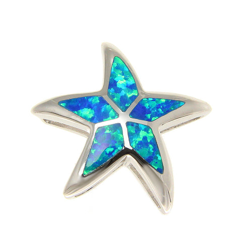 925 Sterling Silver Rhodium Hawaiian Sea Star Starfish Blue Opal Slider Pendant