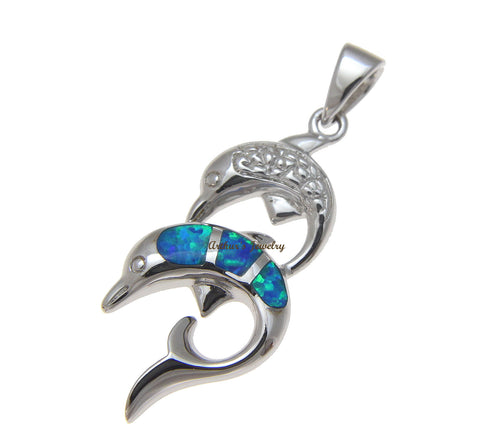 INLAY OPAL HAWAIIAN DOUBLE DOLPHIN PENDANT SOLID 925 STERLING SILVER 13.50MM