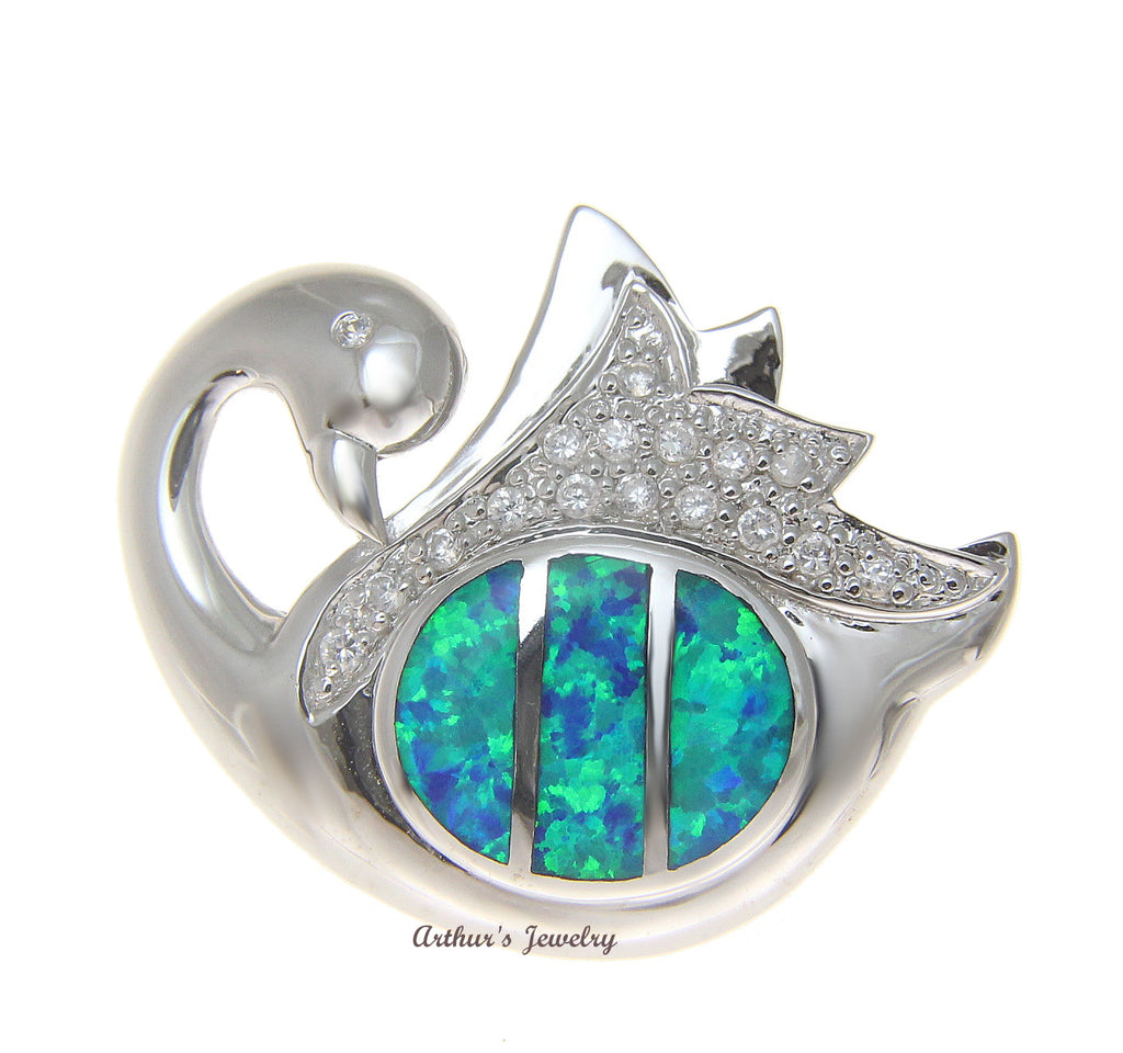 925 Sterling Silver Rhodium Hawaiian Swan Blue Opal CZ Slider Pendant