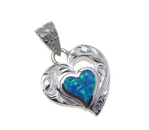 INLAY OPAL HEART HAWAIIAN SCROLL PENDANT THICK HEAVY SOLID 925 STERLING SILVER
