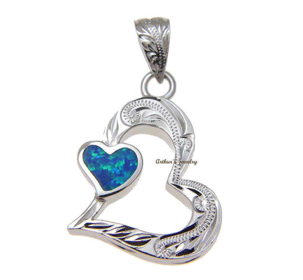 INLAY OPAL HEART HAWAIIAN SCROLL PENDANT THICK HEAVY SOLID 925 STERLING SILVER