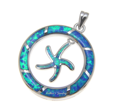 INLAY OPAL HAWAIIAN SEA STARFISH DANGLE CIRCLE PENDANT SOLID 925 STERLING SILVER