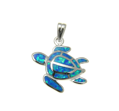 925 Sterling Silver Rhodium Hawaiian Honu Sea Turtle Blue Opal Pendant Charm