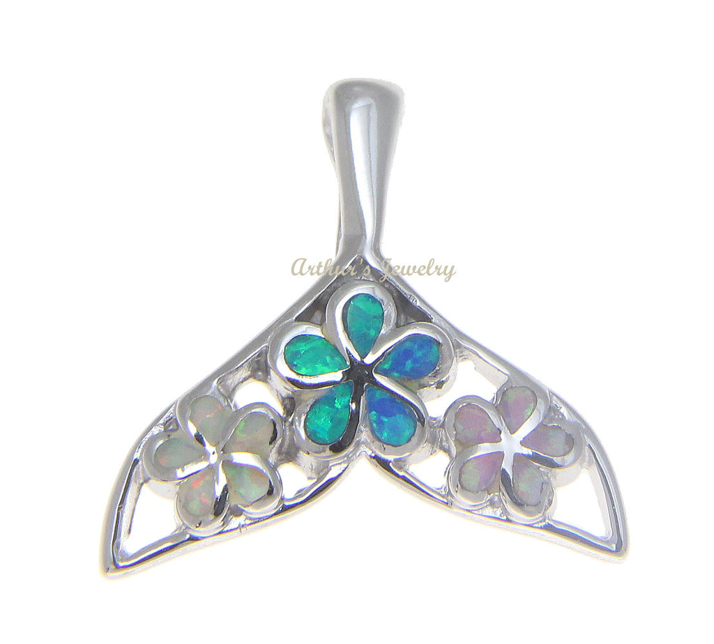 925 Silver Rhodium Hawaiian Multi Opal Plumeria Flower Whale Tail Slider Pendant
