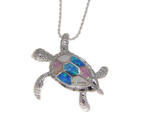 INLAY TRICOLOR OPAL HAWAIIAN SEA TURTLE PENDANT 925 STERLING SILVER LARGE 35MM
