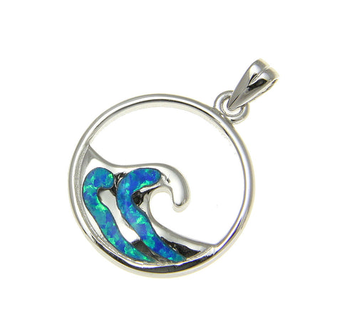 925 Sterling Silver Rhodium Hawaiian 20mm Ocean Wave Blue Opal Pendant Charm