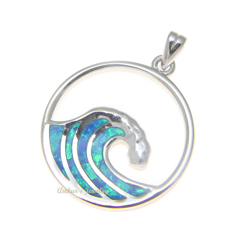 925 Sterling Silver Rhodium Hawaiian 23.5mm Ocean Wave Blue Opal Pendant Charm