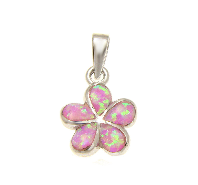 925 Sterling Silver Rhodium Pink Opal Hawaiian Plumeria Flower Pendant 12-25mm