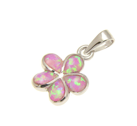 925 Sterling Silver Rhodium Pink Opal Hawaiian Plumeria Flower Pendant 12-25mm