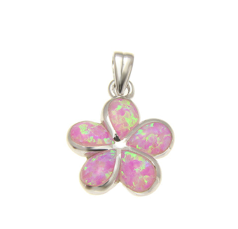 925 Sterling Silver Rhodium Pink Opal Hawaiian Plumeria Flower Pendant 12-25mm