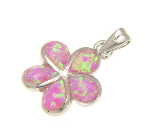 925 Sterling Silver Rhodium Pink Opal Hawaiian Plumeria Flower Pendant 12-25mm