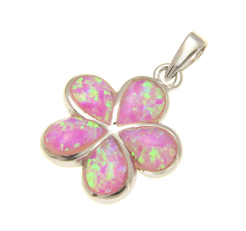925 Sterling Silver Rhodium Pink Opal Hawaiian Plumeria Flower Pendant 12-25mm