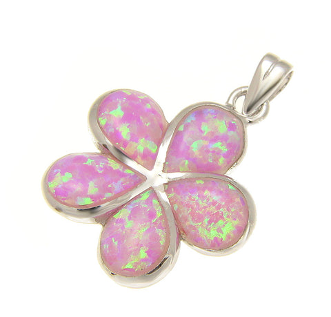 925 Sterling Silver Rhodium Pink Opal Hawaiian Plumeria Flower Pendant 12-25mm